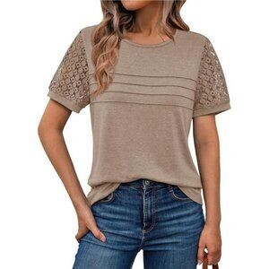 Khaki Women's Short Sleeve Shirts Dressy Lace Summer Tops 2025 Spring Trendy